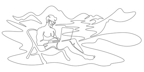 Continuous one line drawing handsome man with laptop.Athletic man working remotely on computer in nature in summer.Beautiful landscape.  One continuous line isolated minimal illustration.Not AI.