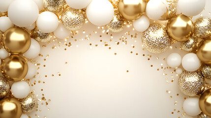 Gorgeous gold and white balloons and confetti create a festive and elegant backdrop.