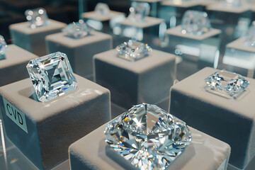 luxurious jewelry display showcases sparkling lab grown CVD diamonds, elegantly arranged on soft velvet stands, highlighting their brilliance and precision cuts