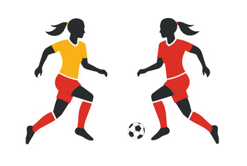 Dynamic illustration of a female soccer player in motion, kicking a ball with determination. Vibrant colors, ponytail flying, uniformed, isolated on white background, symbolizing teamwork, fitness png