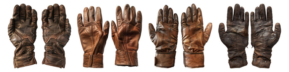 leather hand gloves isolated on transparent background, Set of