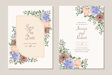 wedding invitation card brown blue floral watercolor frame