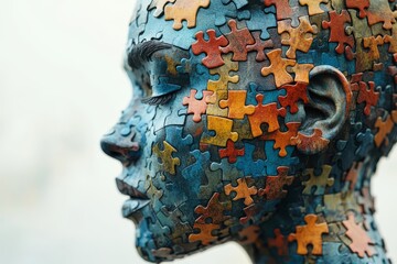 Fototapeta premium Colorful puzzle pieces forming the profile of an adult head, symbolizing mental health awareness and child learning, with a white blurred background.