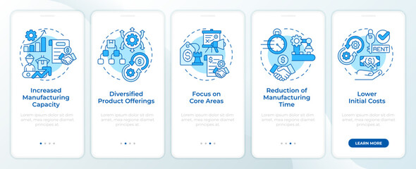 Contract manufacturing benefits blue onboarding mobile app screen. Walkthrough 5 steps editable graphic instructions with linear concepts. UI, UX, GUI template. Montserrat SemiBold, Regular fonts used
