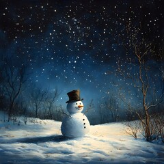 Stark winter landscape illuminated by twinkling stars, snowman stands tall