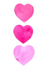 Set of hand drawn watercolor illustration hearts in different shades of pink. Suitable for cards, Valentine's Day designs, weddings and romantic projects.