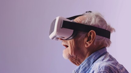 An elderly man wearing opaque virtual reality goggles, with a shocked expression
