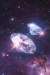 Fototapeta premium Two sparkling CVD diamonds float in vastness of outer space, surrounded by mesmerizing cosmic backdrop of stars and nebulae, creating sense of wonder and beauty