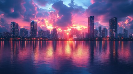 Fototapeta premium Vibrant sunset over a cityscape reflected in calm water.