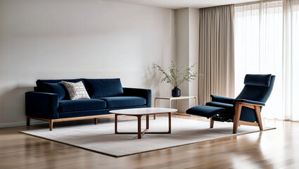 Modern Scandinavian living room decor with dark blue sofa and recliner for a cozy vibe. Generative AI