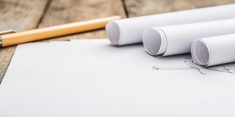 Three rolled architectural blueprints are placed on a wooden surface alongside a pen, illustrating the meticulous planning process in design and architecture projects.