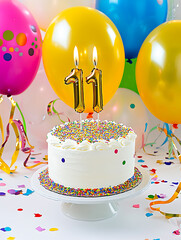colorful birthday party table with white cake topped with number 11 candles, surrounded by vibrant balloons and confetti