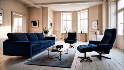 Dark blue sofa and recliner in a minimalist Scandinavian-style modern apartment interior. Generative AI
