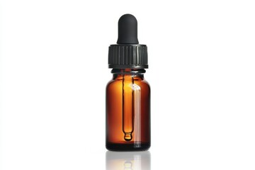 Fototapeta premium Amber glass bottle with black dropper cap. Perfect for essential oils, serums, or medicine packaging visuals.