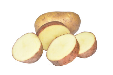 Potatoes cut into circles and one whole one lie on a PNG background.