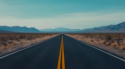 Fototapeta premium A lone car traverses the seemingly endless winding highway through a vast arid desert landscape at the golden hour of twilight capturing the sense of adventure freedom and solitude