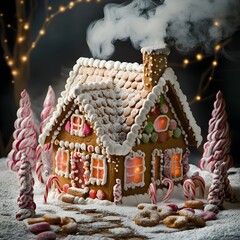 A charming gingerbread house with colorful candies and powdered sugar, nestled in a candy cane forest, smoke rising from its chocolate chimney.