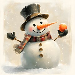 A cheerful snowman with a top hat, cozy scarf, and mischievous grin, holding a snowball and showing off his bright orange carrot nose.