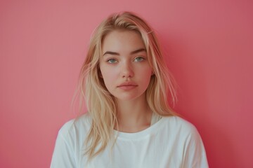 Fototapeta premium Confident blonde woman in white shirt on pink background.