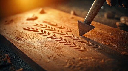 A close-up of a craftsman carving intricate leaf patterns into wood, showcasing artistry and skill in woodworking.