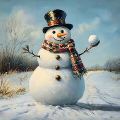 A whimsical snowman adorned with a top hat and scarf, holding a snowball in a snowy landscape, ready for a winter adventure.