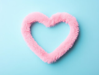 Fluffy pink heart frame on blue background, perfect for romantic decor