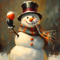 A jolly snowman sporting a stylish top hat and colorful scarf, holding a snowball and playfully resting his hand on his bright orange carrot nose.