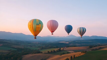 Fototapeta premium Breathtaking view of hot air balloons floating gracefully over a picturesque serene valley at the first light of dawn A stunning atmospheric landscape filled with natural beauty and wonder