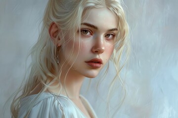 Fototapeta premium Portrait of young woman with blonde hair wearing white tunic.