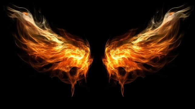 Fiery wings ablaze against black backdrop; intricate, flowing flames form wing shapes. Perfect for fantasy, power, freedom themes; ideal for designs, websites, and game assets.
