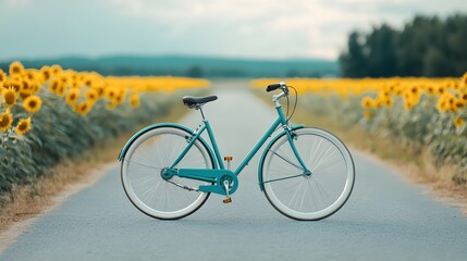 Fototapeta premium Bicycles Leaning Against a Quiet Country Road with Lush Sunflower Fields Stretching into the Scenic Countryside Landscape
