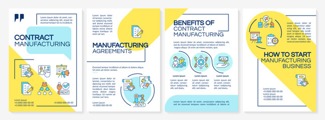 Contract manufacturing yellow and blue brochure template. Benefits, agreements and business tips. Leaflet design with linear icons. Editable 4 vector layouts. Questrial, Lato-Regular fonts used