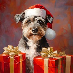 Beloved Pet Dog as Santa Claus with Gifts, Mischievous Twinkle