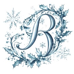 Whimsical Script Font Initials, Snowflakes, Holly Berries