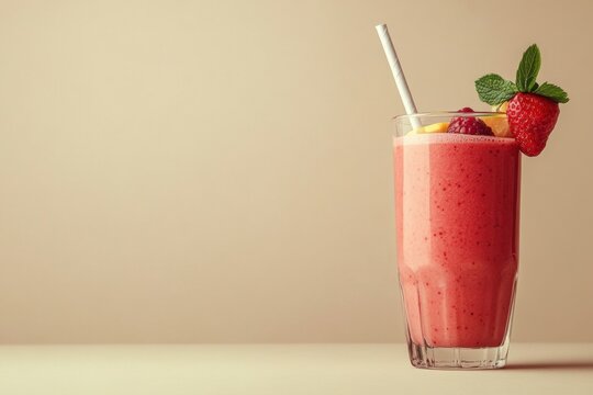 Red smoothie with raspberries, strawberries and mango for a healthy diet. In a glass glass and with a straw, on a warm, light background, with space for text