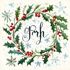 A playful hand-drawn font with snowflakes and holly berries spells out initials.