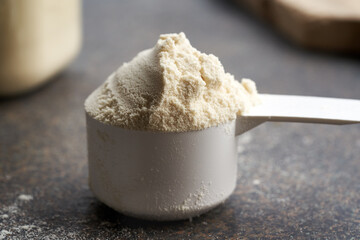 Whey protein powder in a plastic measuring scoop, closeup