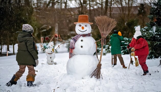A snowman with a short hat, nose, and broom standing in the garden, surrounded by children playing snowball fights.