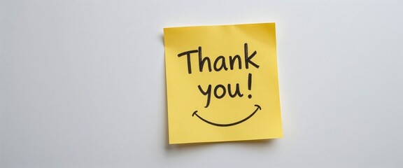 Yellow sticky note with 'Thank you!' written in bold black letters on a light gray background.