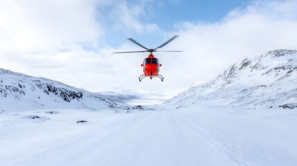 Rescue Helicopter Hovering Over Snowy Mountain Peaks During Crucial Winter Rescue Mission in Remote Mountainous Terrain