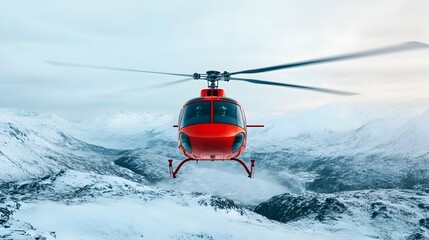 Obraz premium Rescue Helicopter Hovering Over Snow Covered Mountain Range Preparing for Critical Winter Rescue in Extreme Conditions
