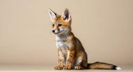 Obraz premium Adorable young fox with fluffy ears sitting on neutral background for wildlife conservation design