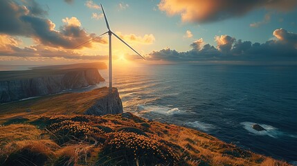 A wind turbine on a coastal cliff harnessing sustainable energy from the wind.