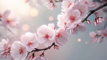 Obraz premium Cherry blossom branches with cheerful mood in soft background with copy space