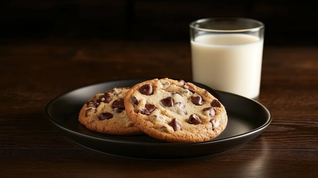 Freshly baked chocolate chip cookies on a plate with a glass of milk