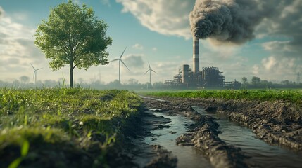  Compare a green tree and meadow with clear air to a factory emitting pollution and its effects on climate change, 3D illustration rendering 