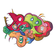 Vector illustration of Doodle cute Monster, face, eye, bird, fang and skull . Hand drawing Doodle