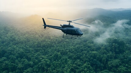 Helicopter soaring high above a dense verdant rainforest canopy with sunlight filtering through the treetops and casting a warm glow over the untamed scenic landscape below