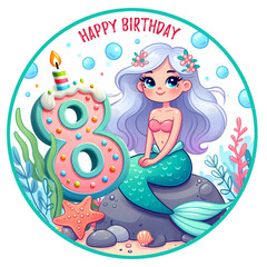 kids celebration birthday card with mermaid candle number eight