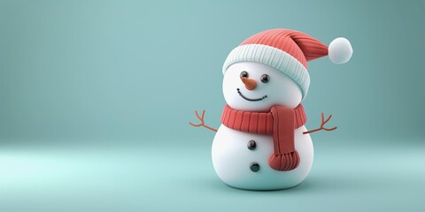 Fototapeta premium Cute snowman with red hat and scarf isolated on light green background